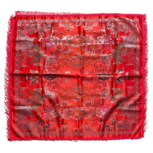 Vintage Chinese Piano Shawl Tablecloth Tapestry Red Silk Brocade 38 x 35 NEW - Picture 1 of 7